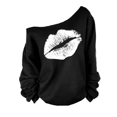 Long-sleeved autumn sweater red lips big lips pattern slanting shoulders