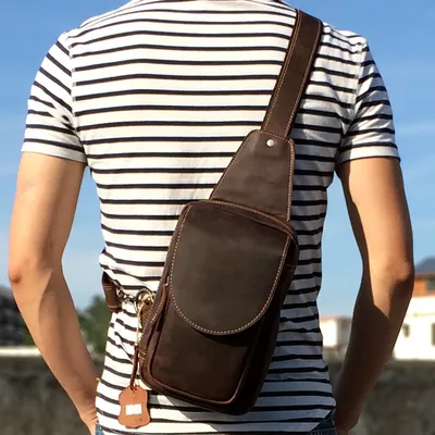 New Vintage Leather chest pack men crazy horse leather satchel small leather shoulder bag sports and leisure