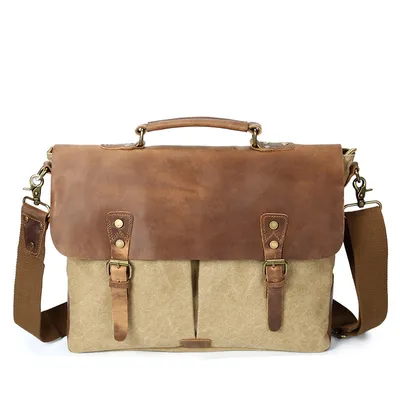 Source point men's Messenger bag canvas canvas bag computer shoulder bag retro with crazy horse leather men's bag