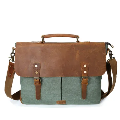 Source point men's Messenger bag canvas canvas bag computer shoulder bag retro with crazy horse leather men's bag