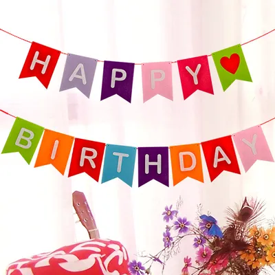 Happy birthday lettering fishtail flag flower banner