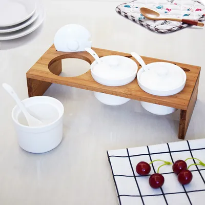 Kitchen supplies creative white bamboo ceramic seasoning cans three set with wooden gift wholesale manufacturers
