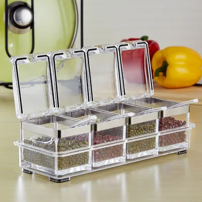 European acrylic seasoning box Stainless steel sealing ring transparent environmental condiment box suit kitchen supplies wholesale