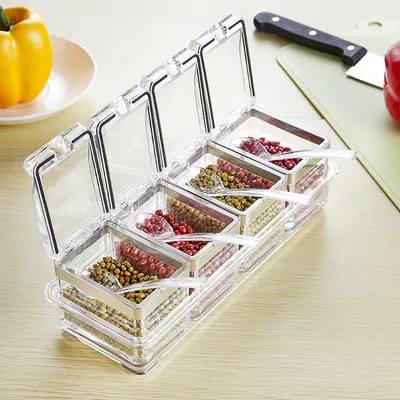 European acrylic seasoning box Stainless steel sealing ring transparent environmental condiment box suit kitchen supplies wholesale