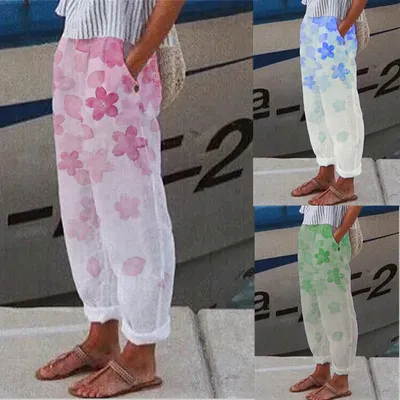 Loose Cotton Linen Pocket Print Casual Women's Pants
