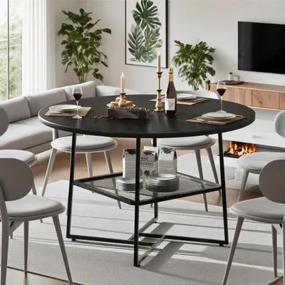 51'' Round Dining Table For 4-6  Black Wooden Dining Room Table With Storage Shelf Space Saving Circle Dinner Table With Metal Legs For Kitchen Living Room Dining Restaurant Furniture