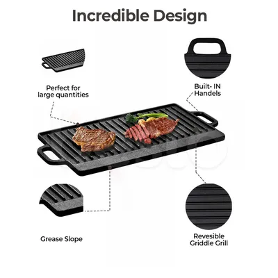 Griddle Plate Cast Iron Reversible BBQ Skillet Fry Pan Grill Double Sided