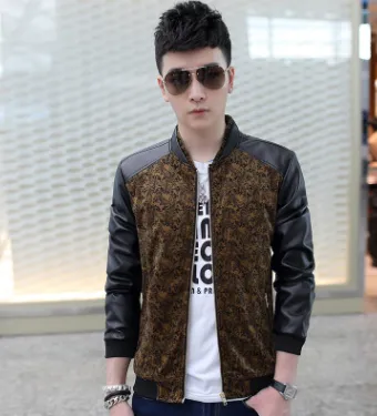 Meng men's autumn new pu leather stitching jacket men's Korean version of the Slim men's youth baseball collar floral jacket