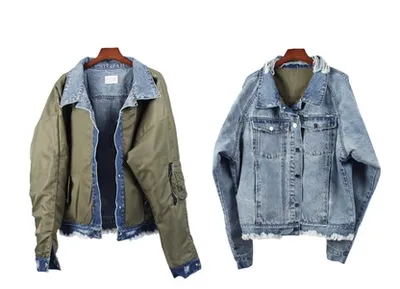 Two sides wearing OVERSIZE denim destruction wash old workmanship MA1 air force jacket Wu Yifan couple with the same paragraph