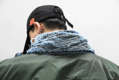 Two sides wearing OVERSIZE denim destruction wash old workmanship MA1 air force jacket Wu Yifan couple with the same paragraph