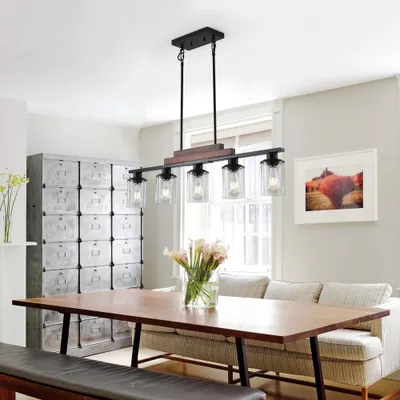 37  Farmhouse Industrial 5-Light Kitchen Island Pendant Light, Metal Wood Chandelier With Clear Glass Shades, Adjustable Height Hanging Fixture For Dining Room, Living Room, Kitchen  No Bulbs