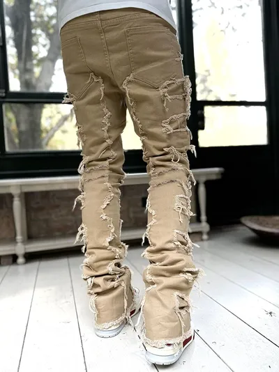 Ins Fringes Ripped Trousers Individual Patched Pants Long Tight Fit Stacked Jeans For Mens Clothing
