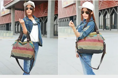 KVKY Brand Fashion Canvas Bag Brand Women Handbag Classic Patchwork Casual Female Shoulder Bags Striped Rainbow Purse Pouch