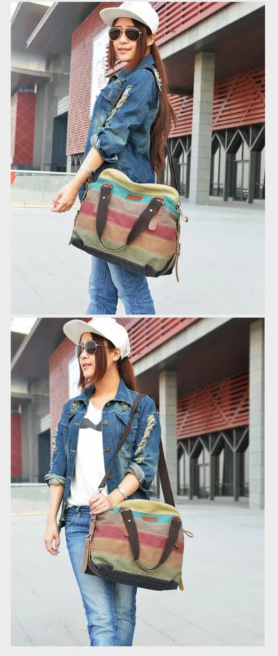 KVKY Brand Fashion Canvas Bag Brand Women Handbag Classic Patchwork Casual Female Shoulder Bags Striped Rainbow Purse Pouch