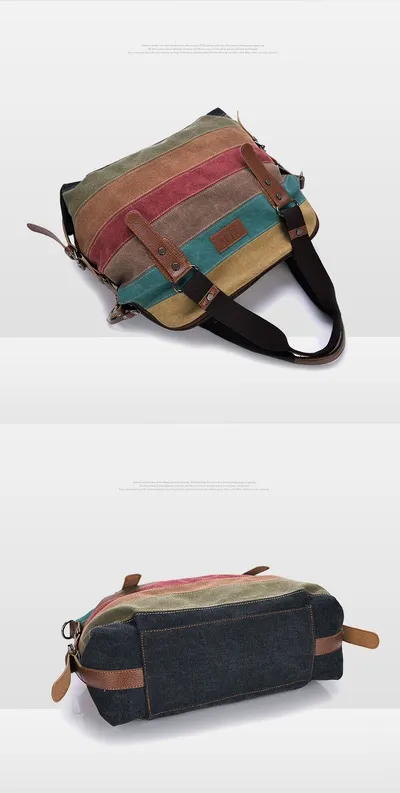KVKY Brand Fashion Canvas Bag Brand Women Handbag Classic Patchwork Casual Female Shoulder Bags Striped Rainbow Purse Pouch