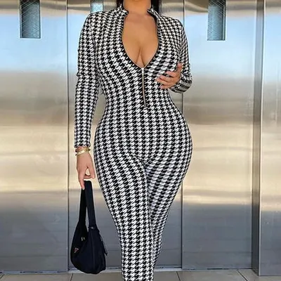 Houndstooth Print Zip Stand Collar Long Sleeve Skinny Hip Lift Jumpsuit