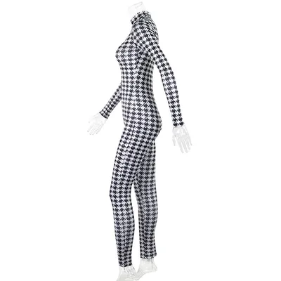 Houndstooth Print Zip Stand Collar Long Sleeve Skinny Hip Lift Jumpsuit