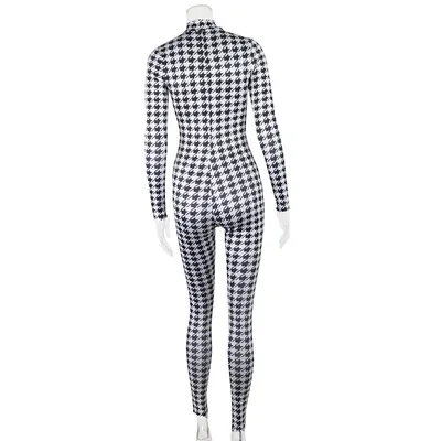 Houndstooth Print Zip Stand Collar Long Sleeve Skinny Hip Lift Jumpsuit