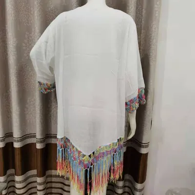 Hand Crochet Flower Stitching Fringed Beach Blouse Hollow Fashion Loose Holiday Sun Protection Clothing