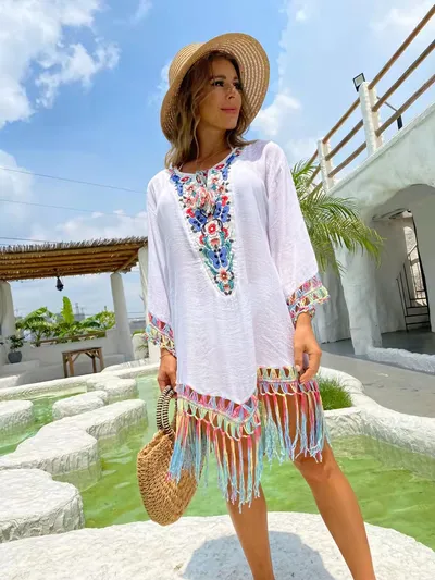 Hand Crochet Flower Stitching Fringed Beach Blouse Hollow Fashion Loose Holiday Sun Protection Clothing