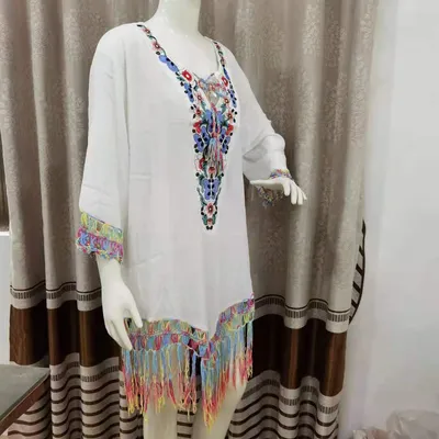 Hand Crochet Flower Stitching Fringed Beach Blouse Hollow Fashion Loose Holiday Sun Protection Clothing