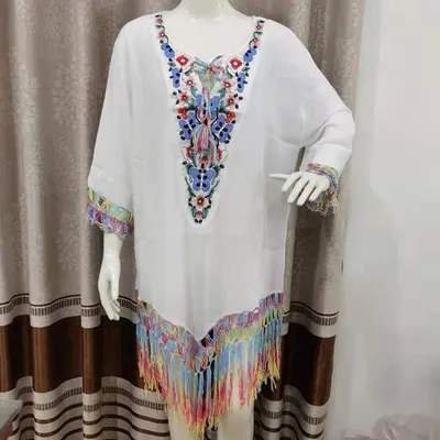 Hand Crochet Flower Stitching Fringed Beach Blouse Hollow Fashion Loose Holiday Sun Protection Clothing