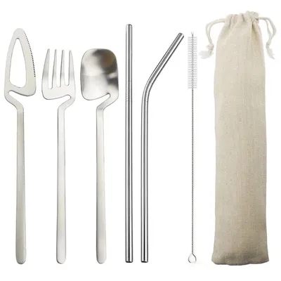 Cross-Border Western-Style 7-Piece Portable Cutlery Set Hanging Cup Cutlery Set Stainless Steel Travel Camping Cutlery