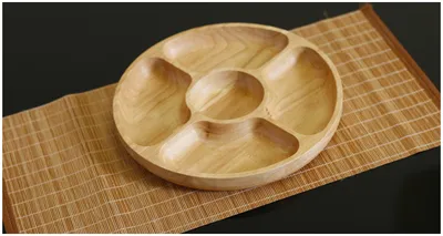Rubber Wood Five-Grid Wooden Plate Snack Plate Household Features
