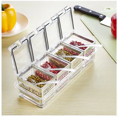 European acrylic seasoning box Stainless steel sealing ring transparent environmental condiment box suit kitchen supplies wholesale