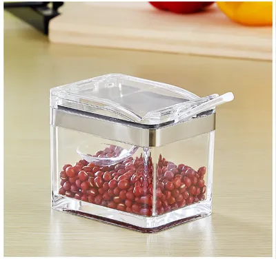 European acrylic seasoning box Stainless steel sealing ring transparent environmental condiment box suit kitchen supplies wholesale