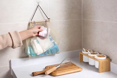 Polyester Mesh Kitchen Storage Bag Portable Net Bag Shopping Bag Home Storage Wall Shelves Kitchen Accessories