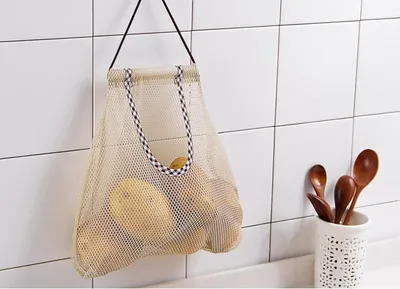 Polyester Mesh Kitchen Storage Bag Portable Net Bag Shopping Bag Home Storage Wall Shelves Kitchen Accessories