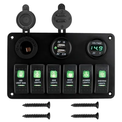 لوحة مفاتيح كهربائية للسيارات والقوارب، بستة مفاتيح تشغيل/إيقاف، مزودة بمؤشرات LED، وفولتميتر رقمي، ومنفذي USB، تعمل بجهد 12/24 فولت تيار مستمر، مقاومة للماء