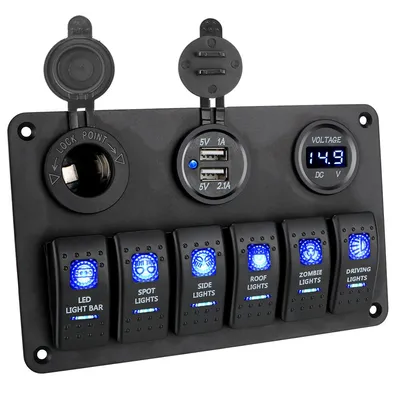 لوحة مفاتيح كهربائية للسيارات والقوارب، بستة مفاتيح تشغيل/إيقاف، مزودة بمؤشرات LED، وفولتميتر رقمي، ومنفذي USB، تعمل بجهد 12/24 فولت تيار مستمر، مقاومة للماء
