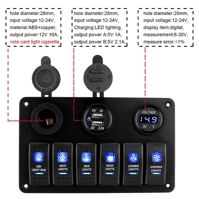 لوحة مفاتيح كهربائية للسيارات والقوارب، بستة مفاتيح تشغيل/إيقاف، مزودة بمؤشرات LED، وفولتميتر رقمي، ومنفذي USB، تعمل بجهد 12/24 فولت تيار مستمر، مقاومة للماء