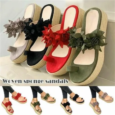 Korean style red women's sandals with straw trifle sole
