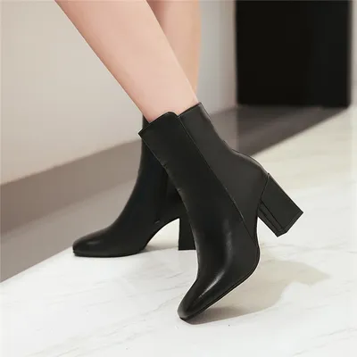 Thick heel leather zipper women boots