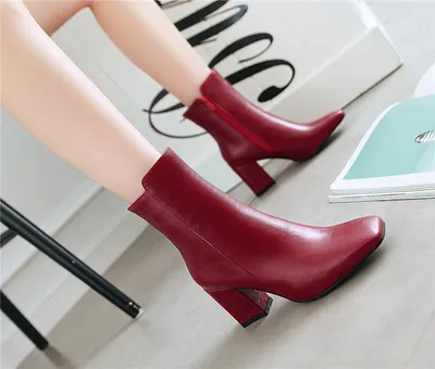 Thick heel leather zipper women boots