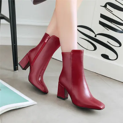 Thick heel leather zipper women boots