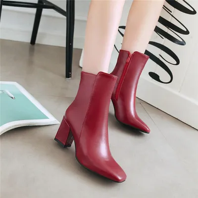 Thick heel leather zipper women boots