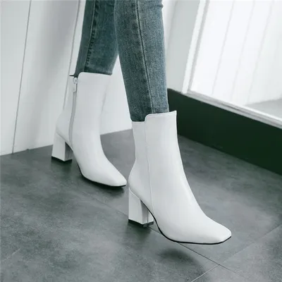 Thick heel leather zipper women boots