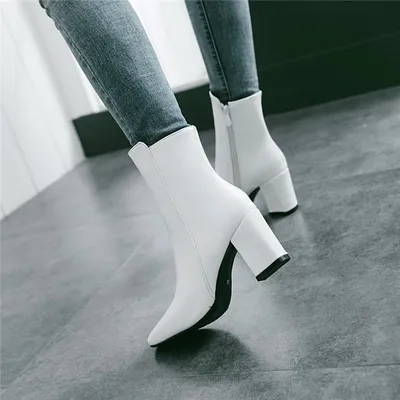 Thick heel leather zipper women boots