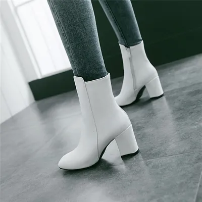 Thick heel leather zipper women boots