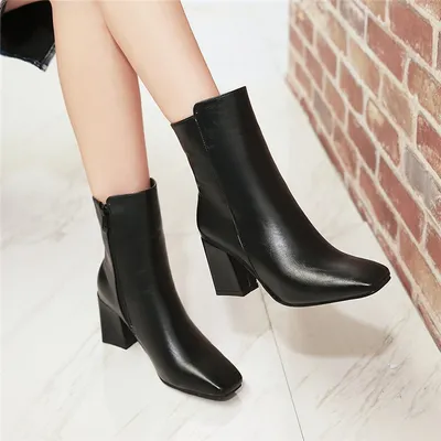 Thick heel leather zipper women boots