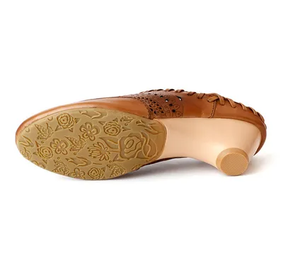 Retro women's Baotou mid-heel hollow leather sandals