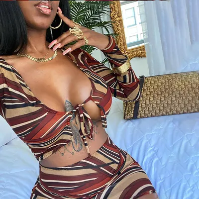 Printed T-shirt high waist bag hip skirt casual suit women