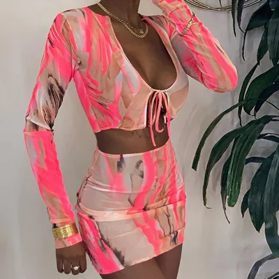 Printed T-shirt high waist bag hip skirt casual suit women