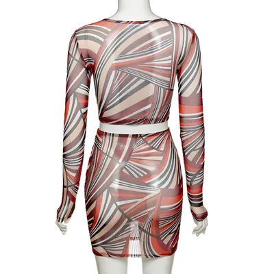 Printed T-shirt high waist bag hip skirt casual suit women