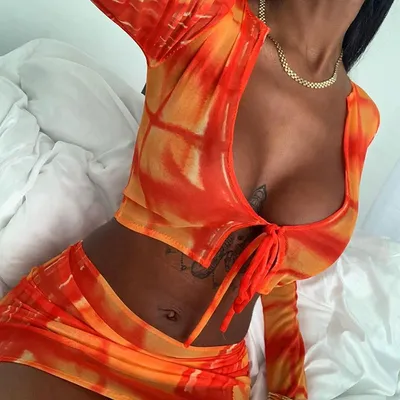 Printed T-shirt high waist bag hip skirt casual suit women