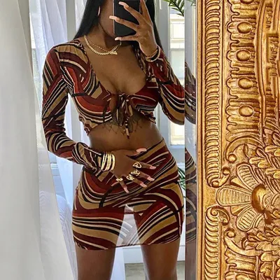 Printed T-shirt high waist bag hip skirt casual suit women